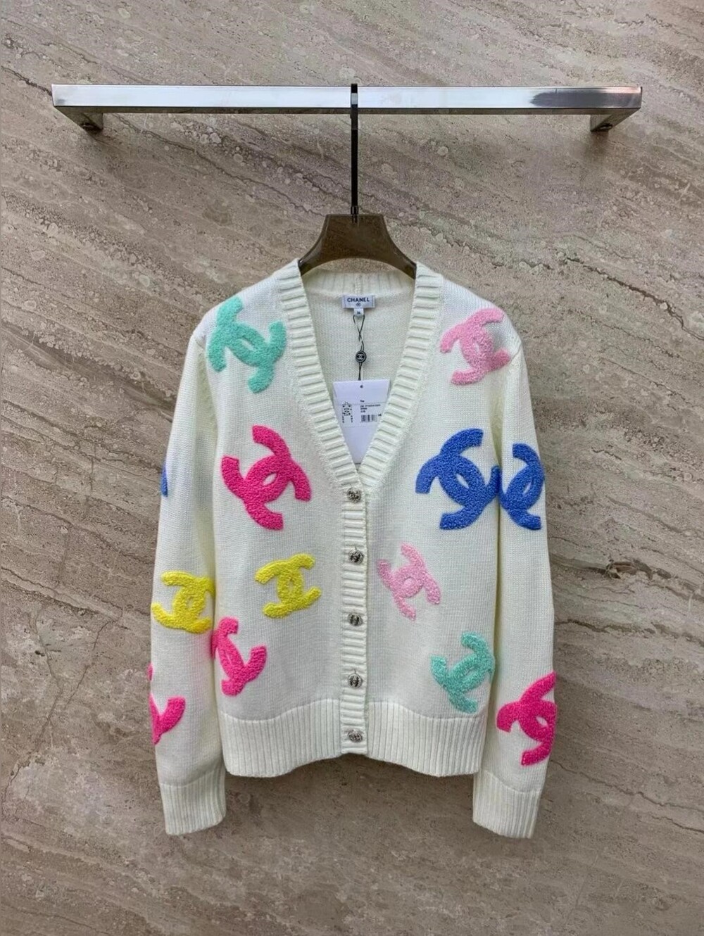 CHANEL with Multicolor Logo Motifs Cream Cardigan Sweater